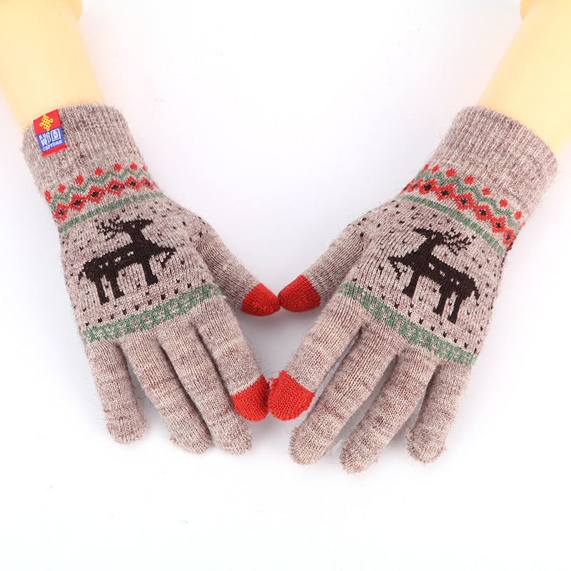 Women's Knitted Touch Screen Gloves With Deer And Snowflake Design