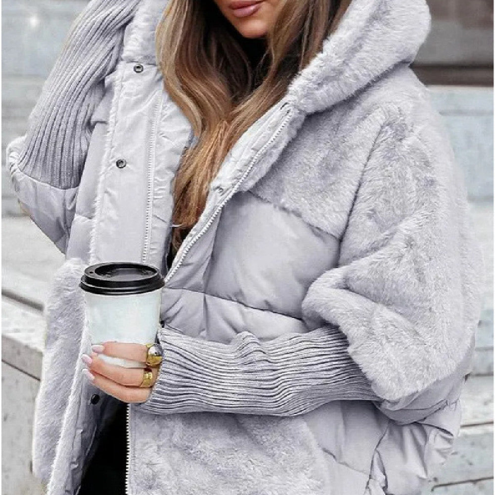 Women's Loose Cotton Coat With Faux Fur Patchwork And Hood