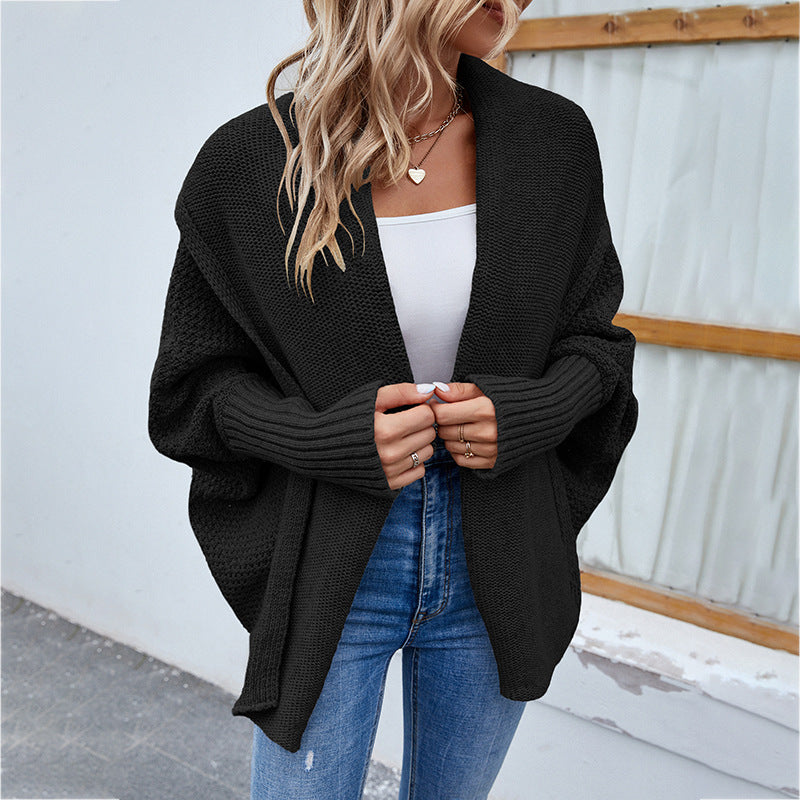 Women's Loose Knitted Cardigan With Bat Sleeves And Large Lapel