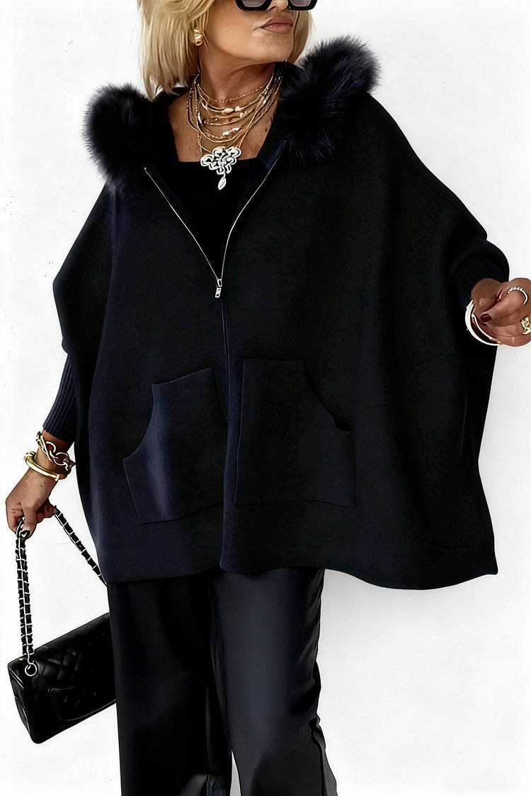 Women's Plush Hooded Zip-Up Cardigan With Pockets, Batwing Sleeve