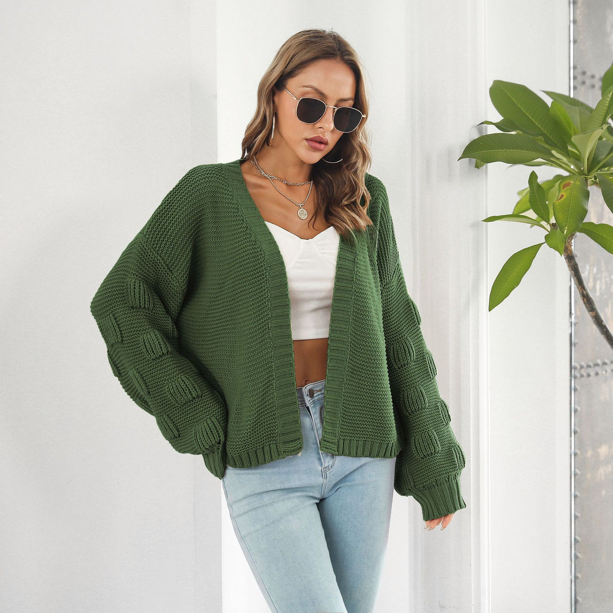 Cropped chunky cardigan with puff sleeves