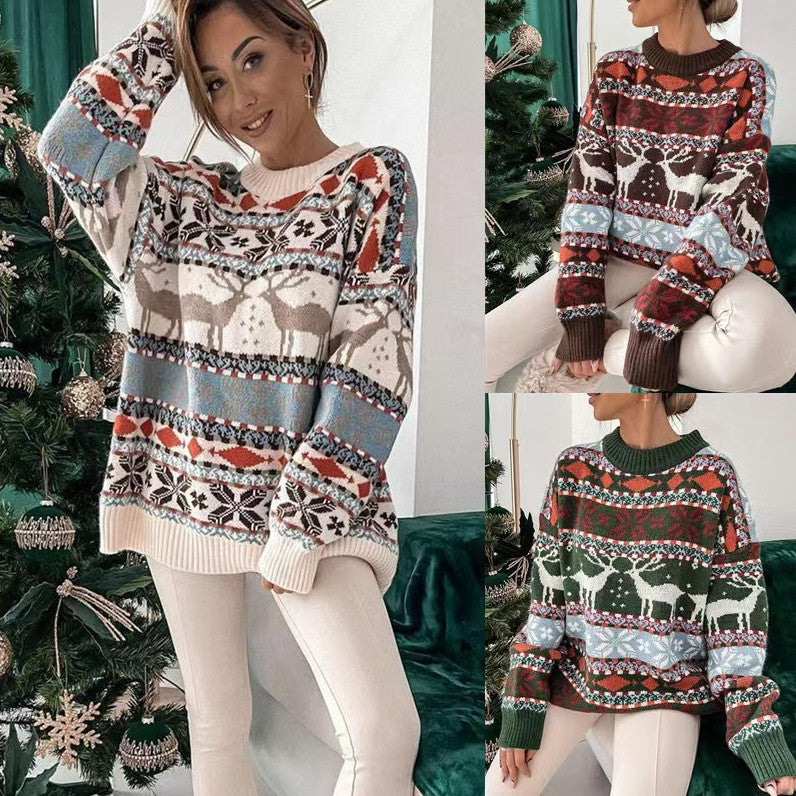 Women's Christmas Jacquard Jumper, Round Neck And Loose Fit
