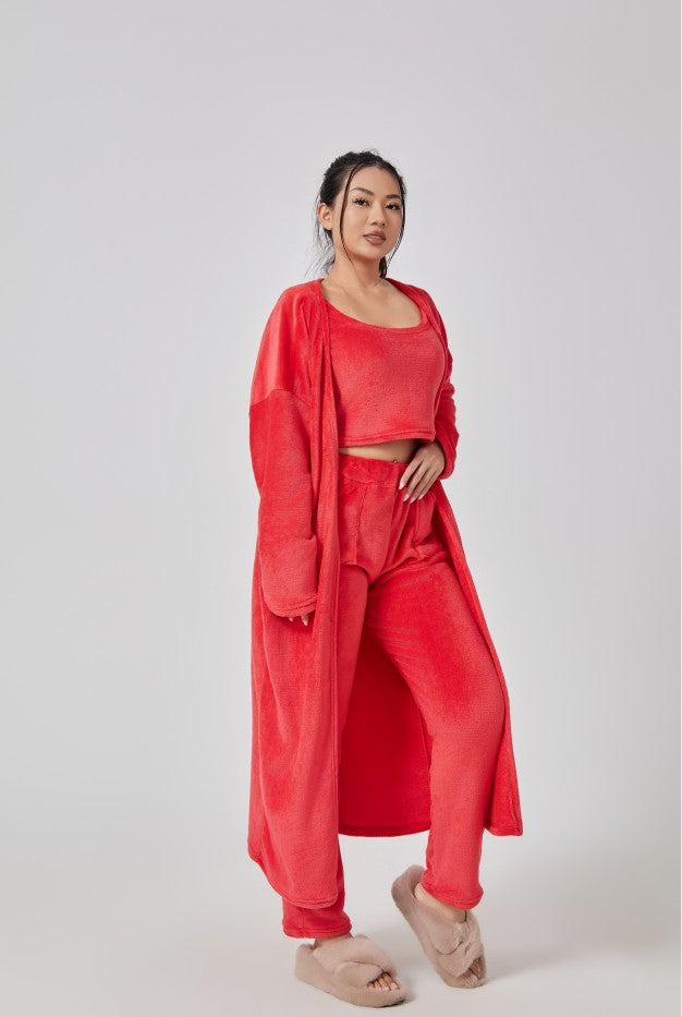 Women's 3 Piece Lounge Pyjama Set With Crop Top, Pants And Cardigan