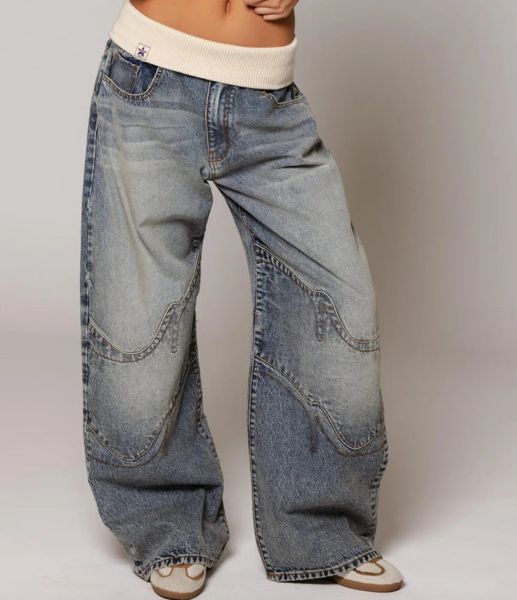 Women's loose straight-leg jeans with pockets, street style