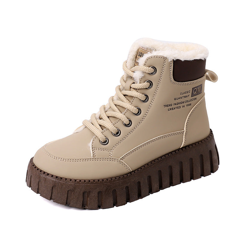 Lace-Up Fleece Snow Boots For Women, Ankle Style With Chunky Sole