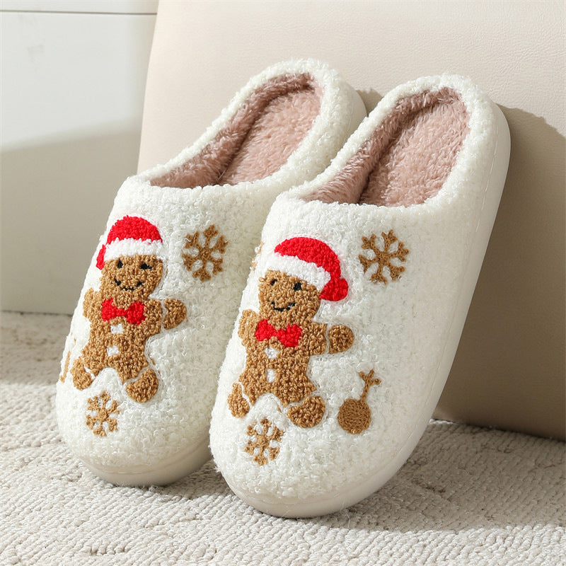 Christmas Gingerbread Man Fuzzy Slippers With Snowflake Design