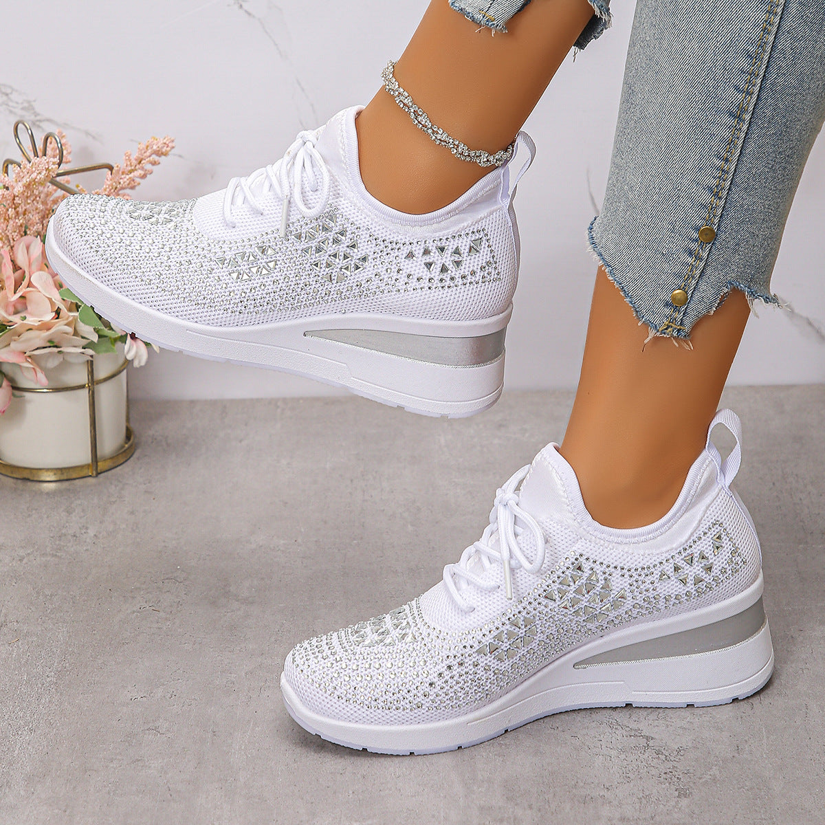 Women's wedge sneakers with rhinestones, lace-up and mesh lined