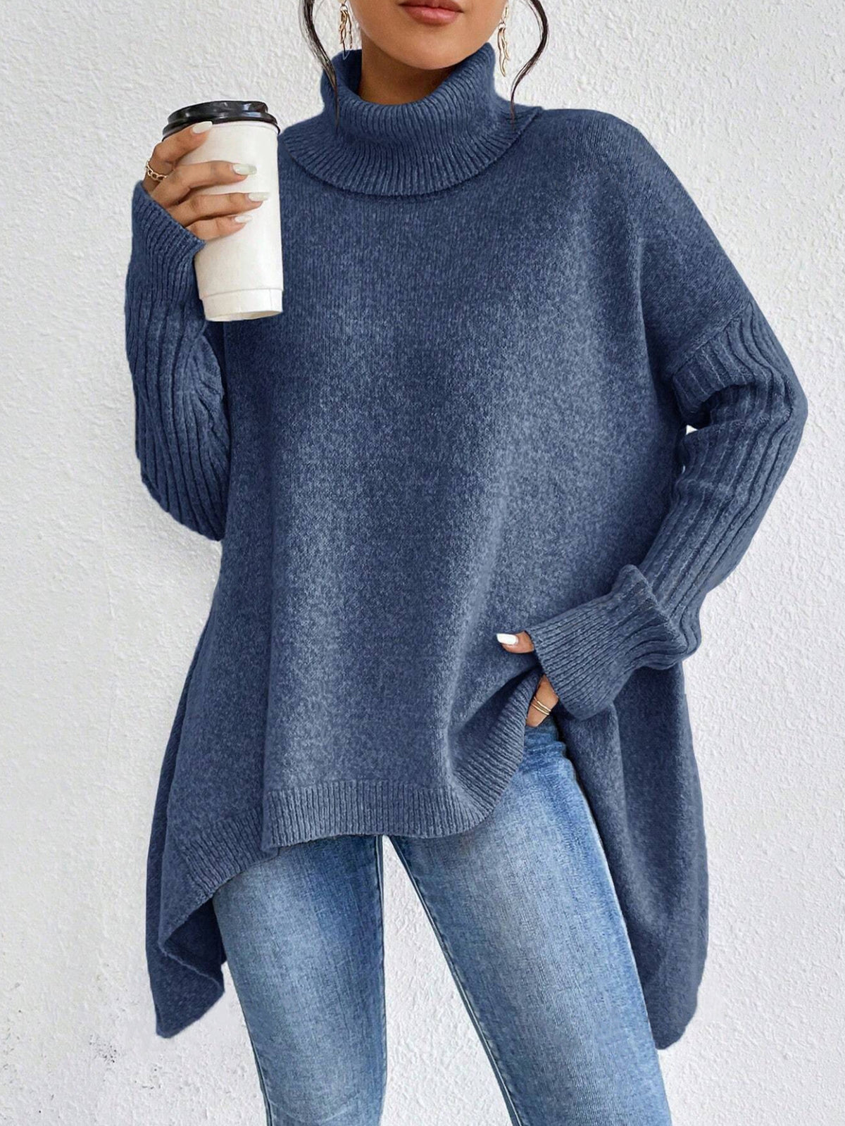 Irregular Hem Turtleneck Jumper For Women, Loose Knitted
