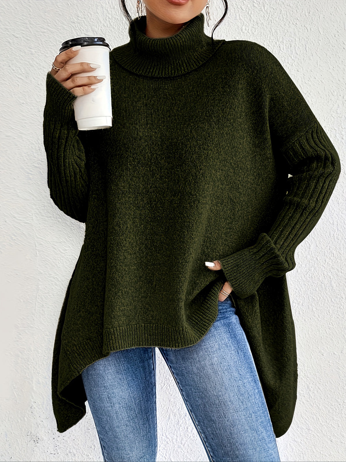 Irregular Hem Turtleneck Jumper For Women, Loose Knitted