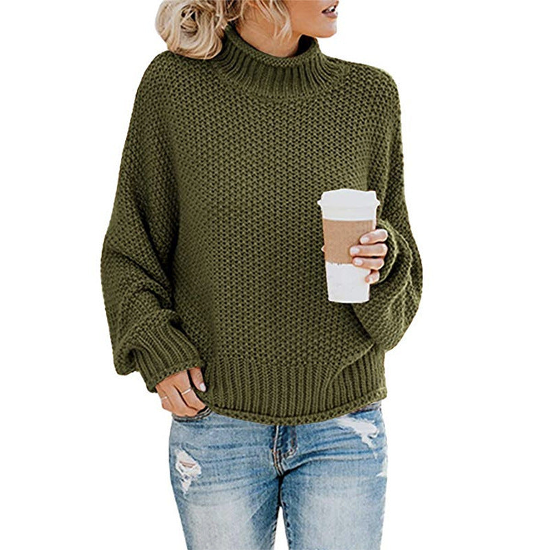 Women's Solid Turtleneck Pullover Jumper In Thick Acrylic Knit