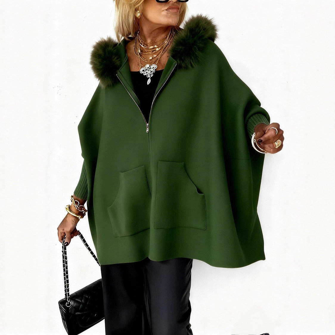 Women's Plush Hooded Zip-Up Cardigan With Pockets, Batwing Sleeve
