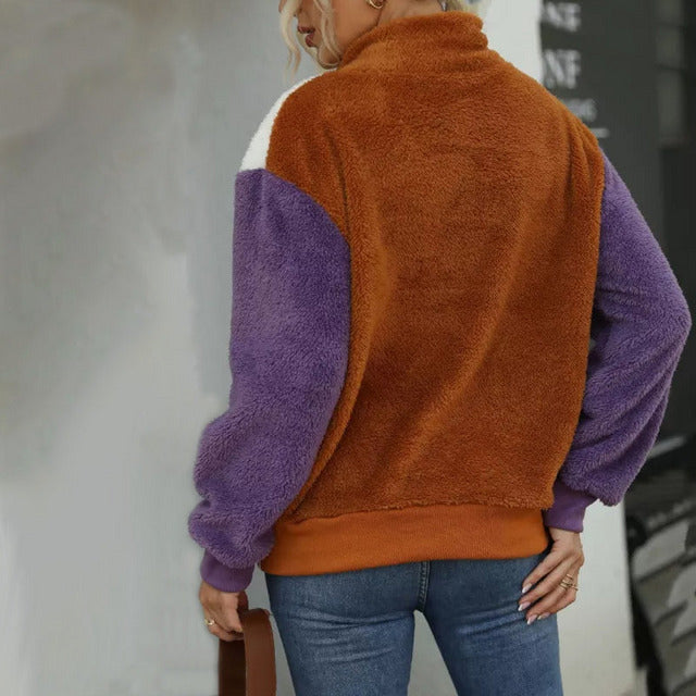 Women's Colour-Block Half-Button Pullover with Ribbed Cuffs