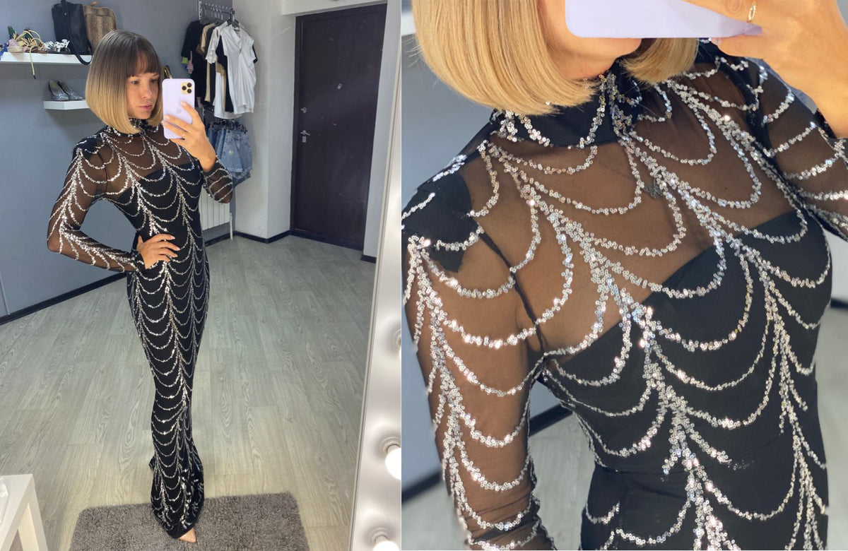 Sequin Long-Sleeve Maxi Dress For Women, Party And Christmas