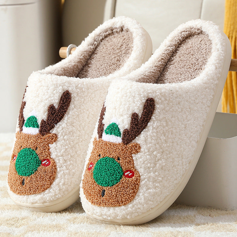 Christmas Elk Plush Slip-On Slippers, Cosy Bedroom Shoes