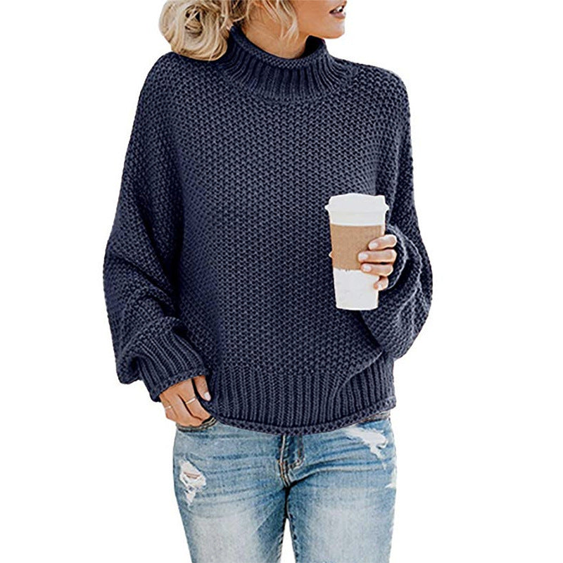 Women's Solid Turtleneck Pullover Jumper In Thick Acrylic Knit