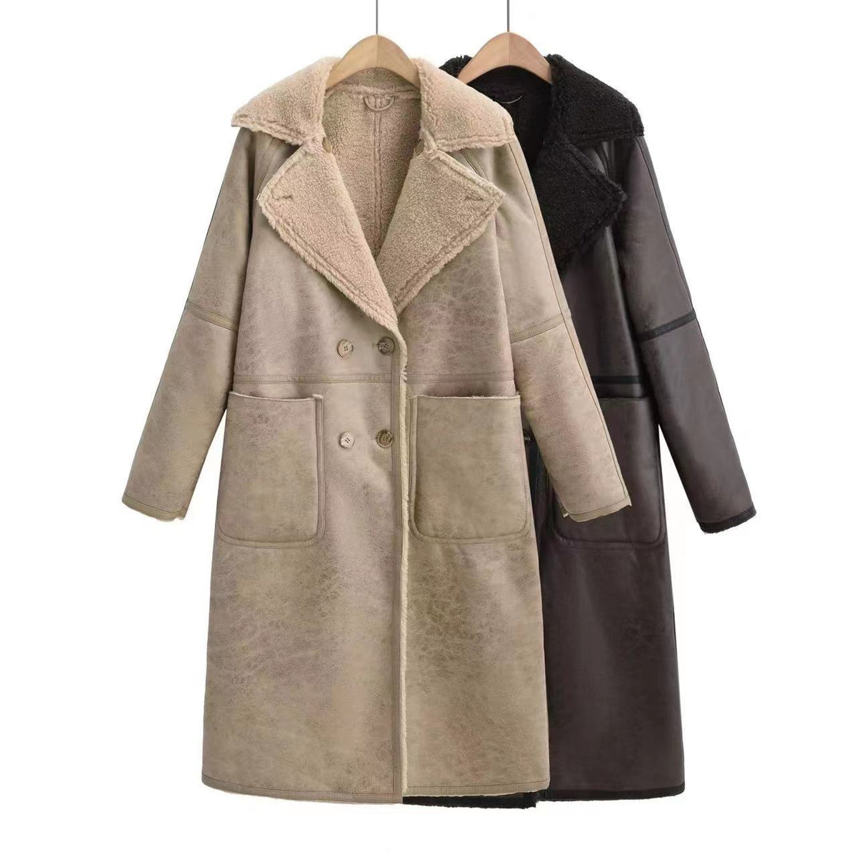 Woman in a long double-breasted belted coat