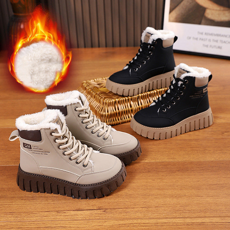 Lace-Up Fleece Snow Boots For Women, Ankle Style With Chunky Sole