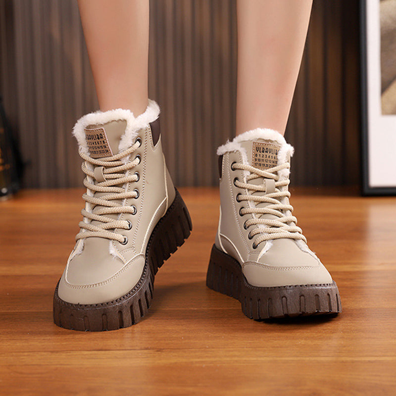 Lace-Up Fleece Snow Boots For Women, Ankle Style With Chunky Sole