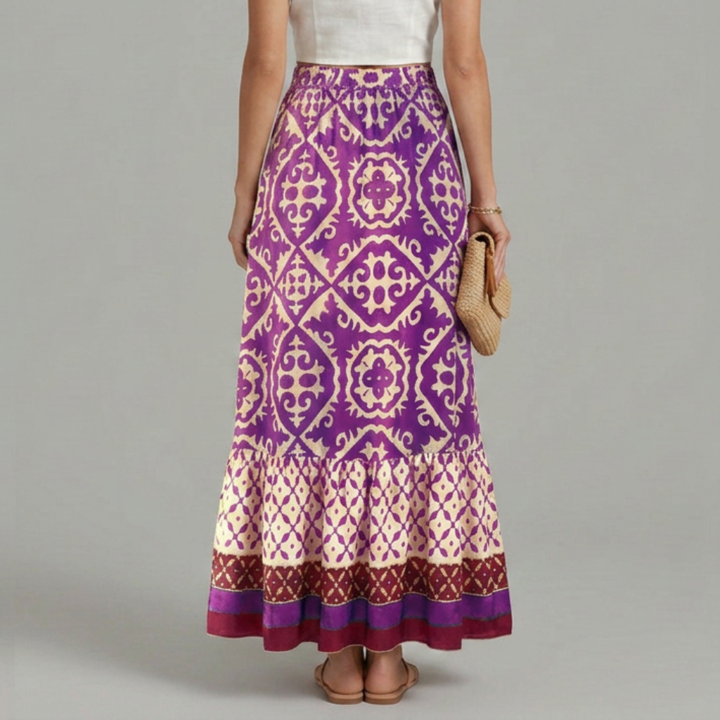 Women’s Printed Maxi Skirt with Elastic Waist and Tiered Design