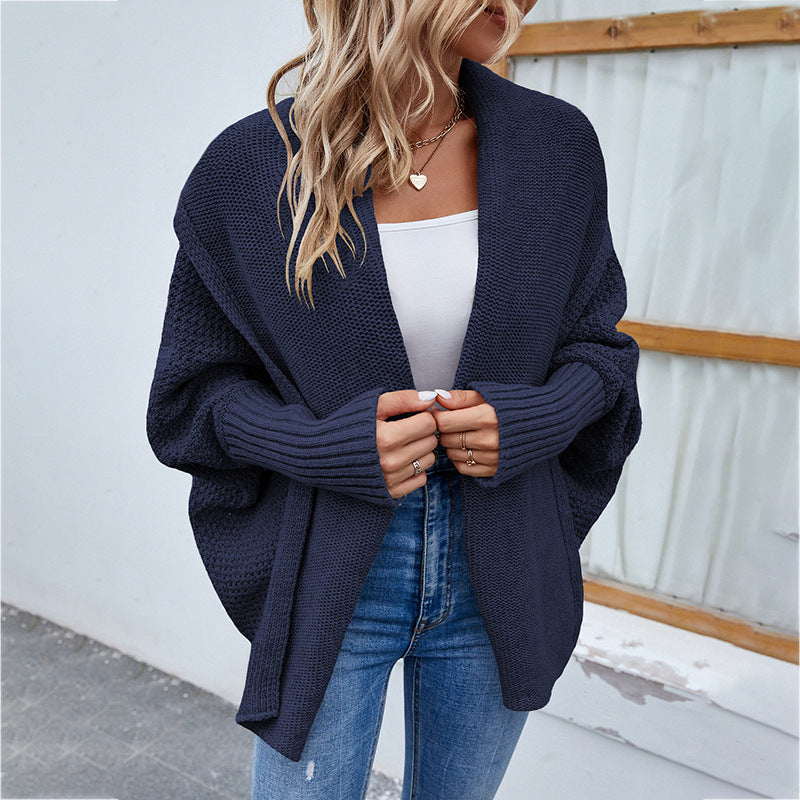 Women's Loose Knitted Cardigan With Bat Sleeves And Large Lapel