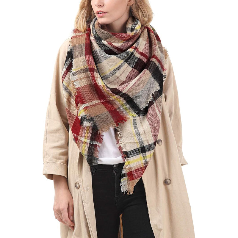 Red Tartan Blanket Scarf With Tassels, Oversized 59 x 59 Inch