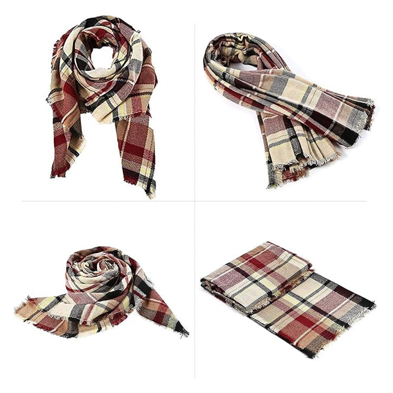 Red Tartan Blanket Scarf With Tassels, Oversized 59 x 59 Inch