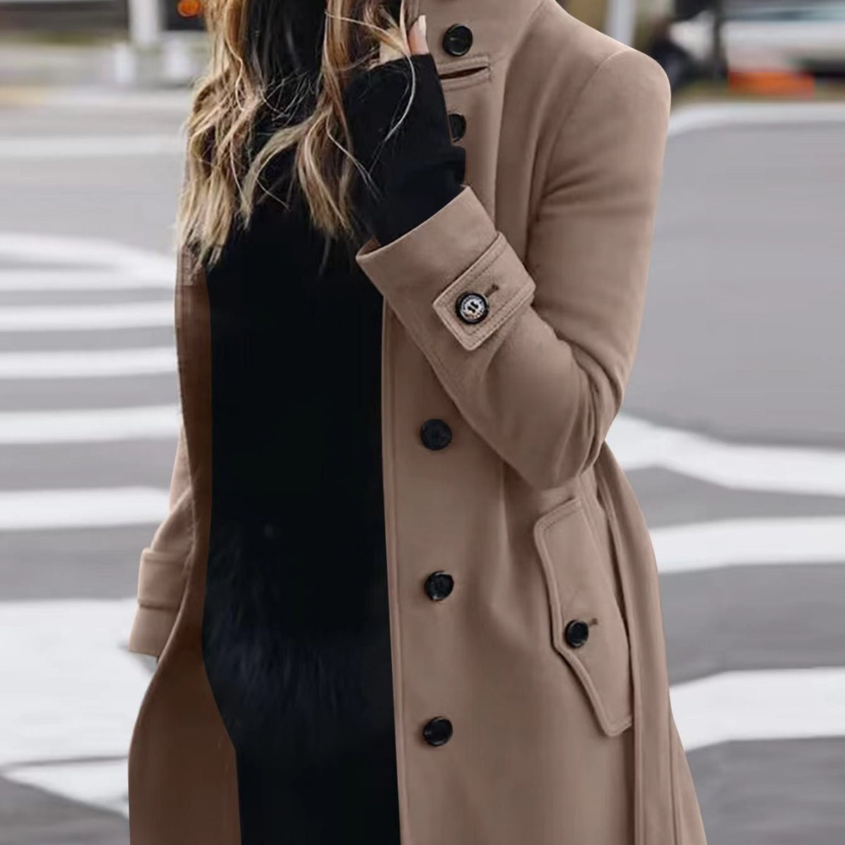 Women's Slim Fit Woollen Coat With Stand Collar, Single-Breasted