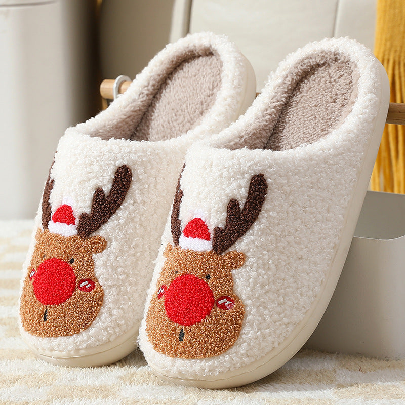 Christmas Elk Plush Slip-On Slippers, Cosy Bedroom Shoes