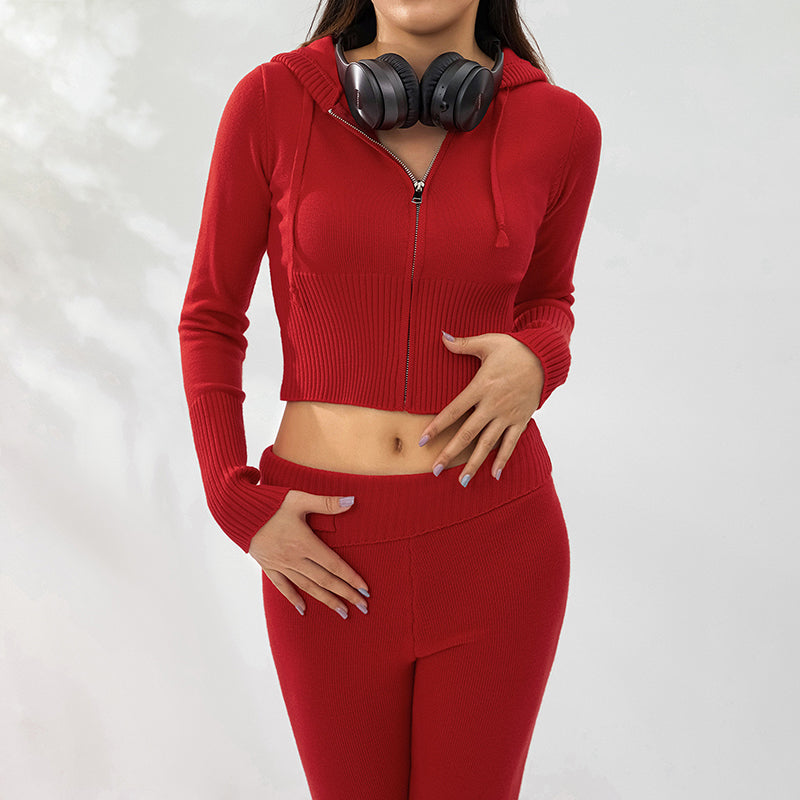 Woman in ribbed knit zip hoodie set
