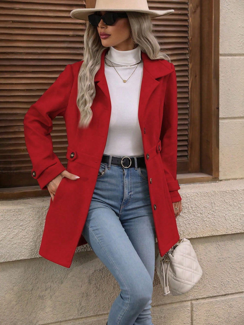 Women's Elegant Single-Breasted Woollen Coat With Lapel
