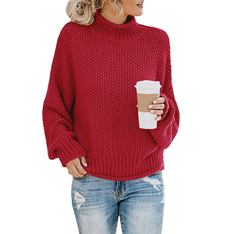 Women's Solid Turtleneck Pullover Jumper In Thick Acrylic Knit
