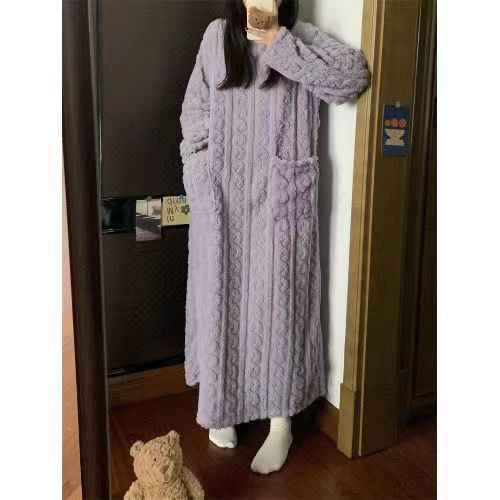 Women's Coral Fleece Nightgown With Pockets, Long And Soft