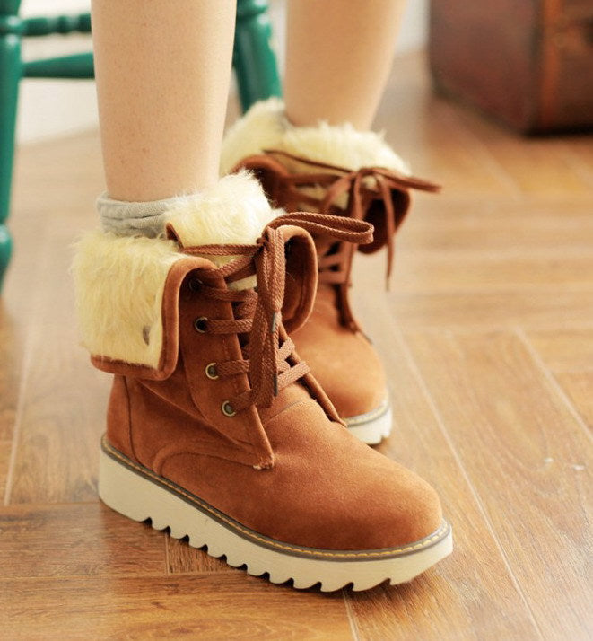 Frosted Fur Snow Boots With Lace-Up Front, Short Tube, Faux PU
