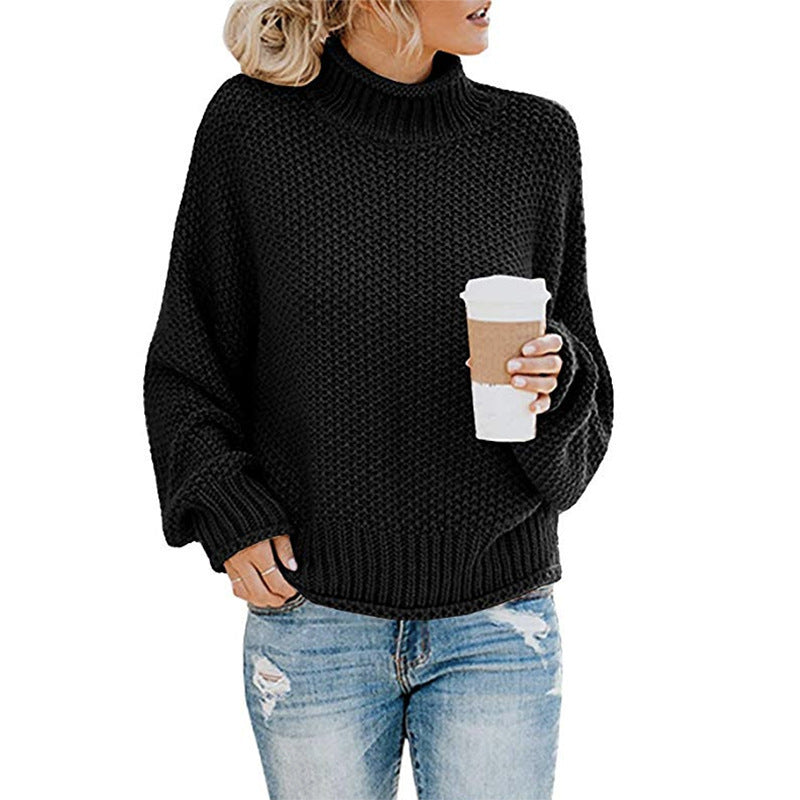 Women's Solid Turtleneck Pullover Jumper In Thick Acrylic Knit