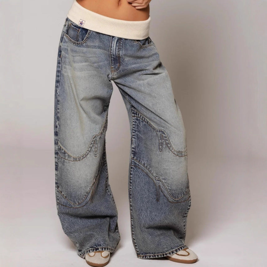 Women's loose straight-leg jeans with pockets, street style