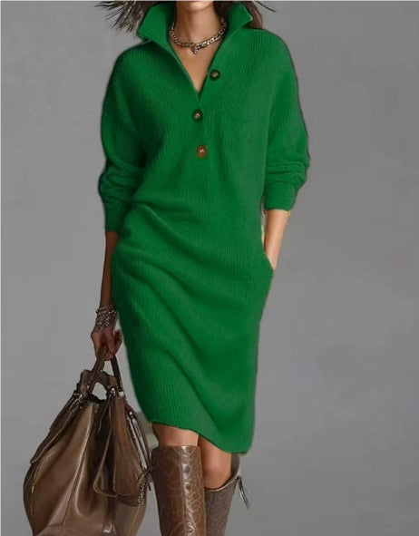 Women's Long-Sleeve V-Neck Sweater Dress With Button Collar