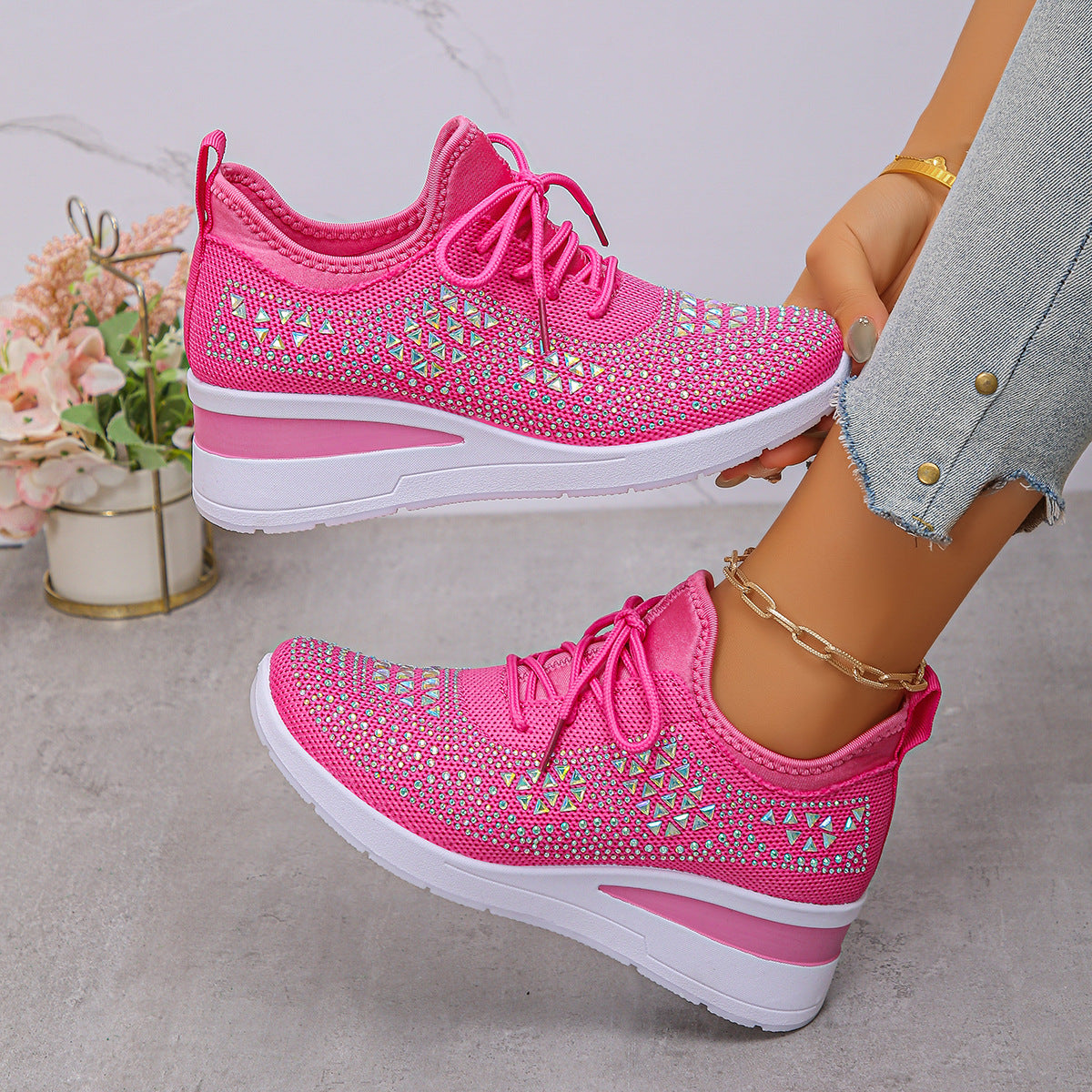 Women's wedge sneakers with rhinestones, lace-up and mesh lined