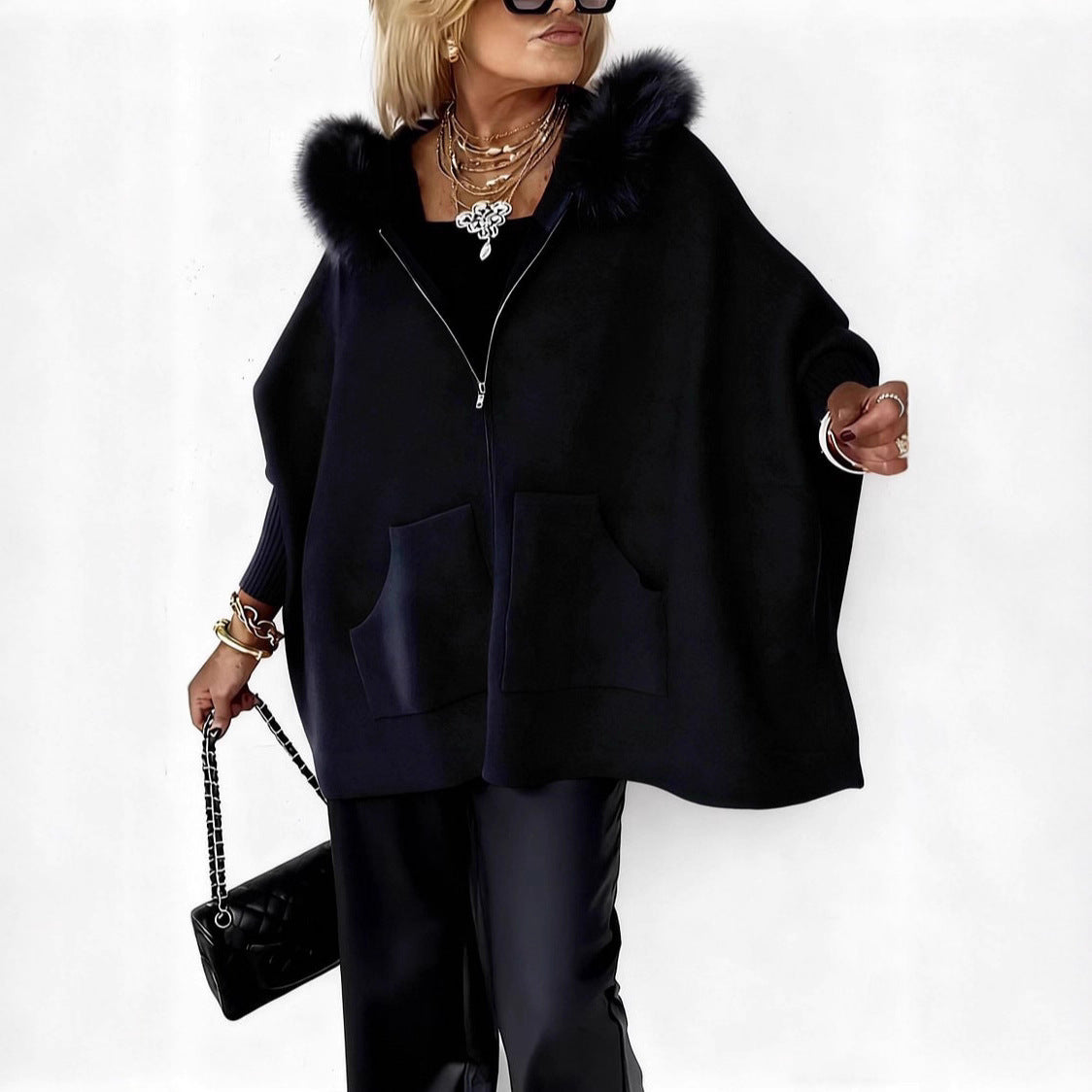 Women's Plush Hooded Zip-Up Cardigan With Pockets, Batwing Sleeve