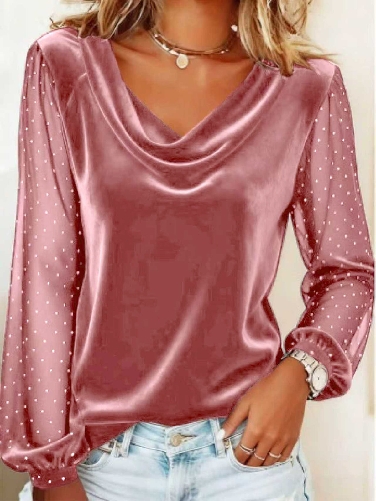 Velvet V-neck top with sparkly mesh sleeves for parties