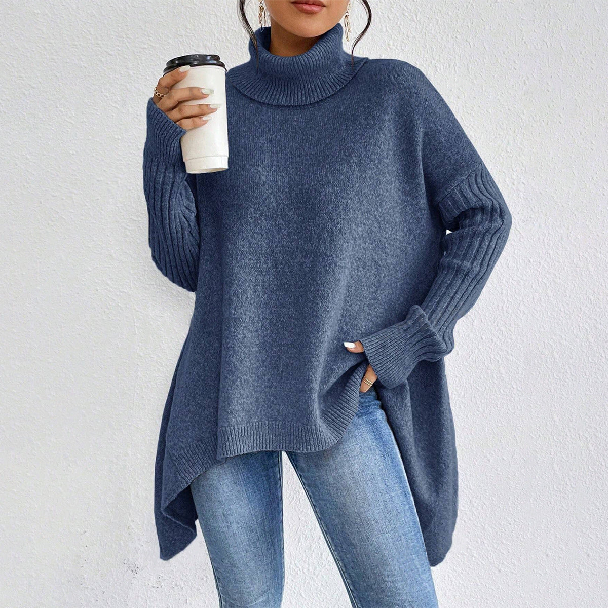 Irregular Hem Turtleneck Jumper For Women, Loose Knitted