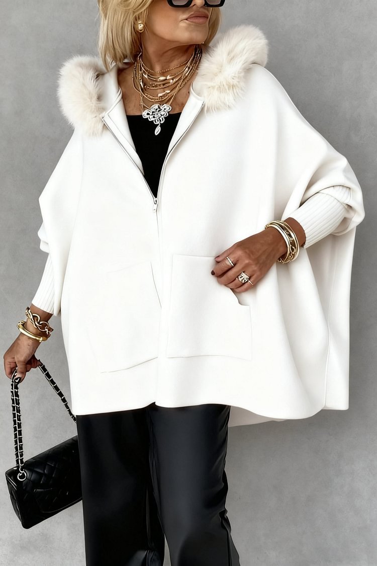 Women's Plush Hooded Zip-Up Cardigan With Pockets, Batwing Sleeve