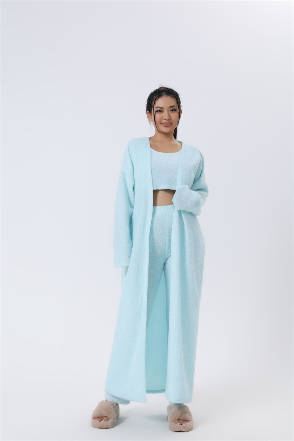 Women's 3 Piece Lounge Pyjama Set With Crop Top, Pants And Cardigan
