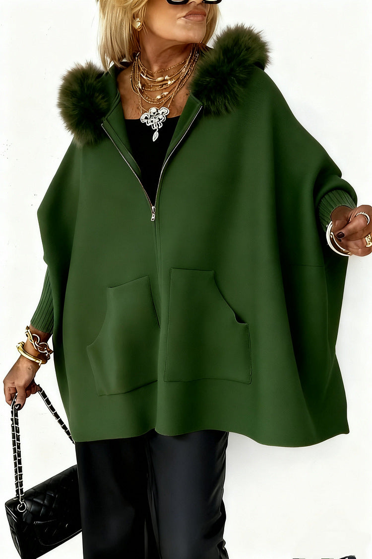 Women's Plush Hooded Zip-Up Cardigan With Pockets, Batwing Sleeve