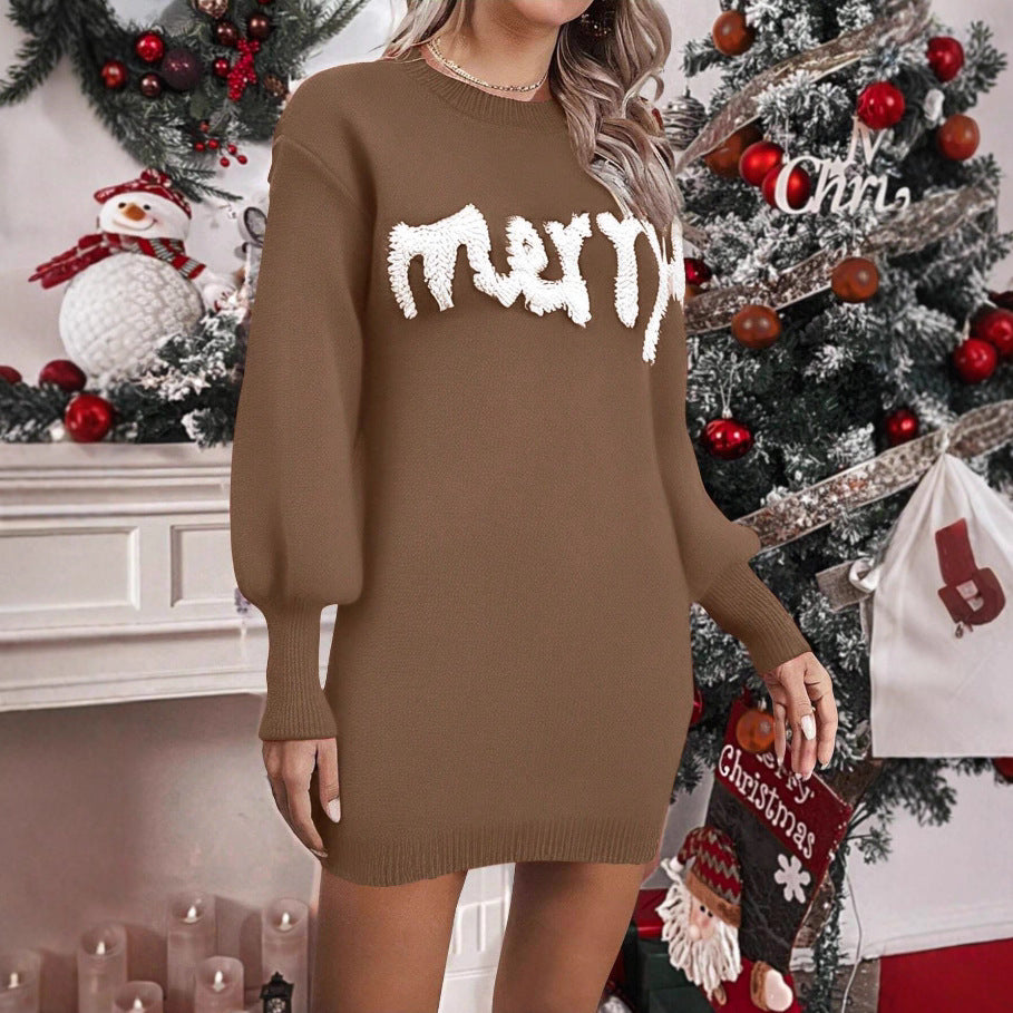 Women's Christmas Knitted Jumper Dress With Lantern Sleeves