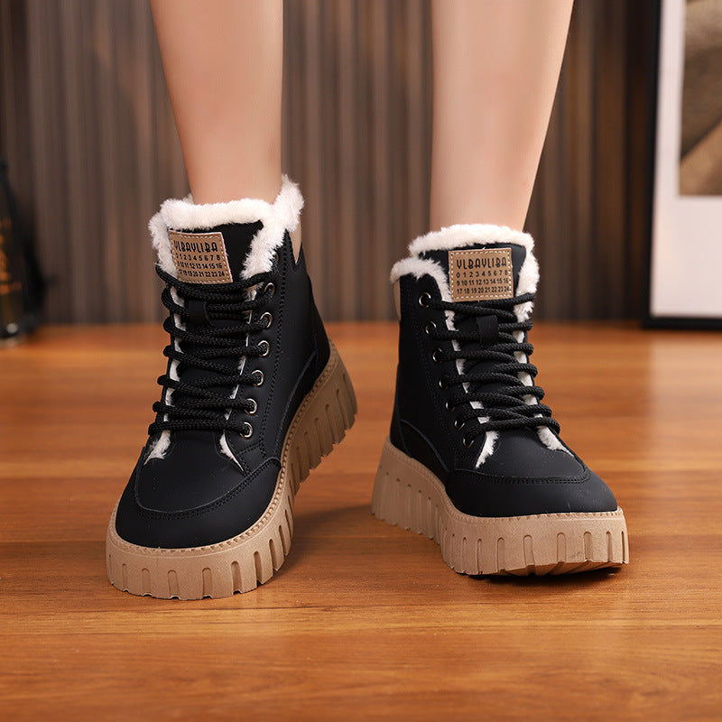 Lace-Up Fleece Snow Boots For Women, Ankle Style With Chunky Sole