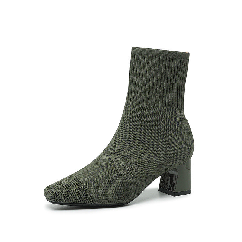 Knitted sock boots with chunky heel and stretchy mid-calf fit
