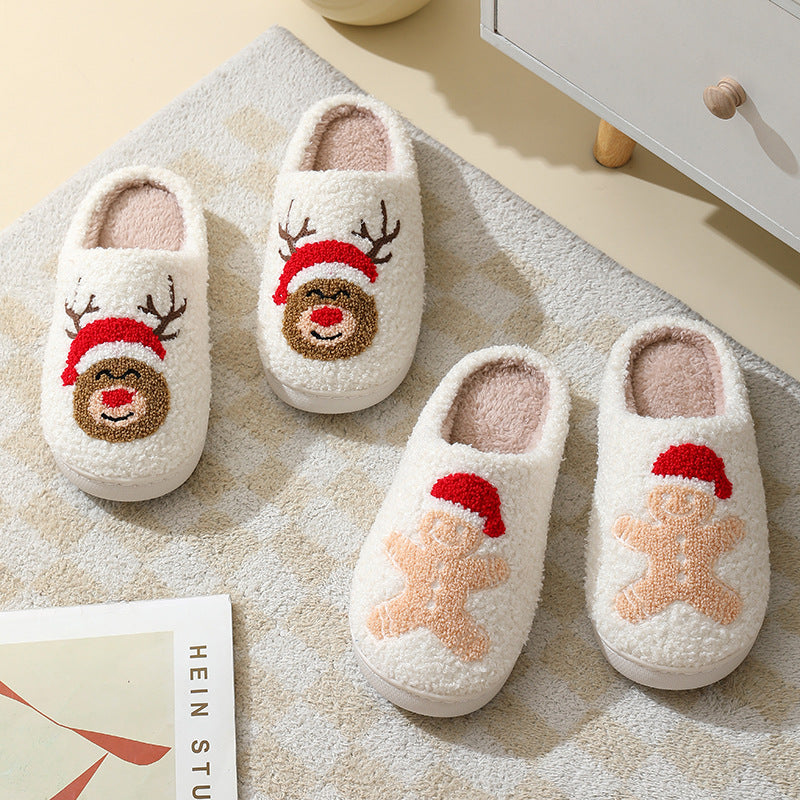 Christmas Cotton Slippers With Santa, Moose, Gingerbread And Tree