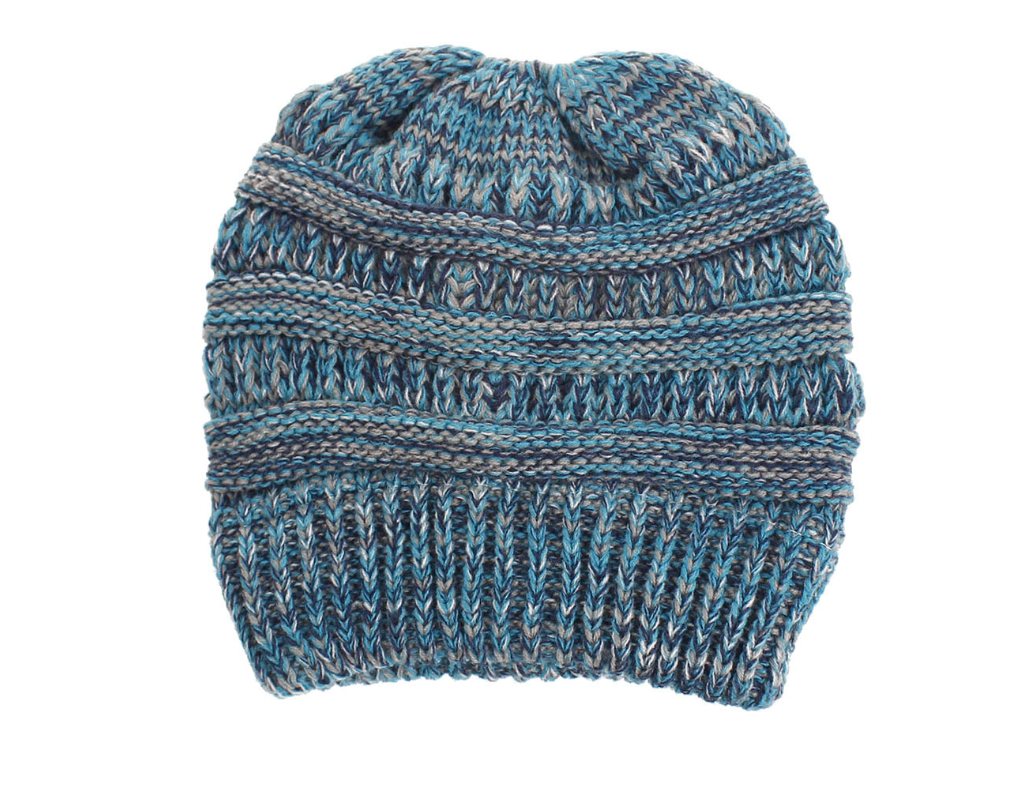 Women's Mixed-Colour Knitted Ponytail Beanie, Acrylic Wool