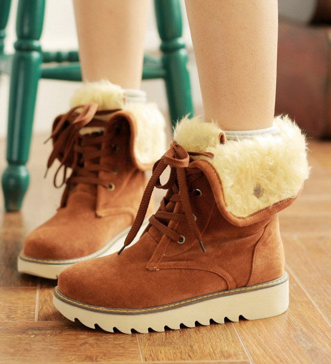 Frosted Fur Snow Boots With Lace-Up Front, Short Tube, Faux PU