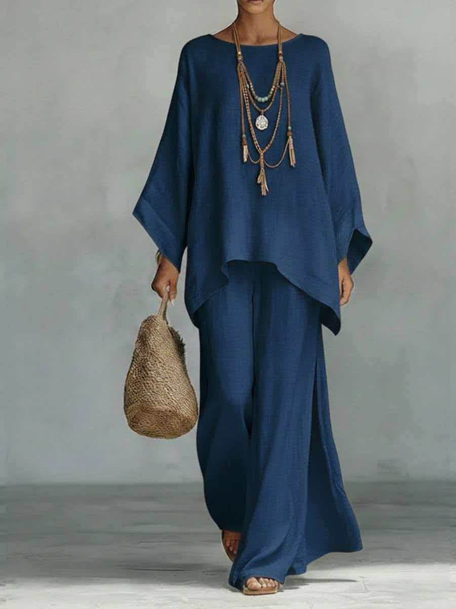 Relaxed two-piece set with long-sleeve top and wide-leg pants